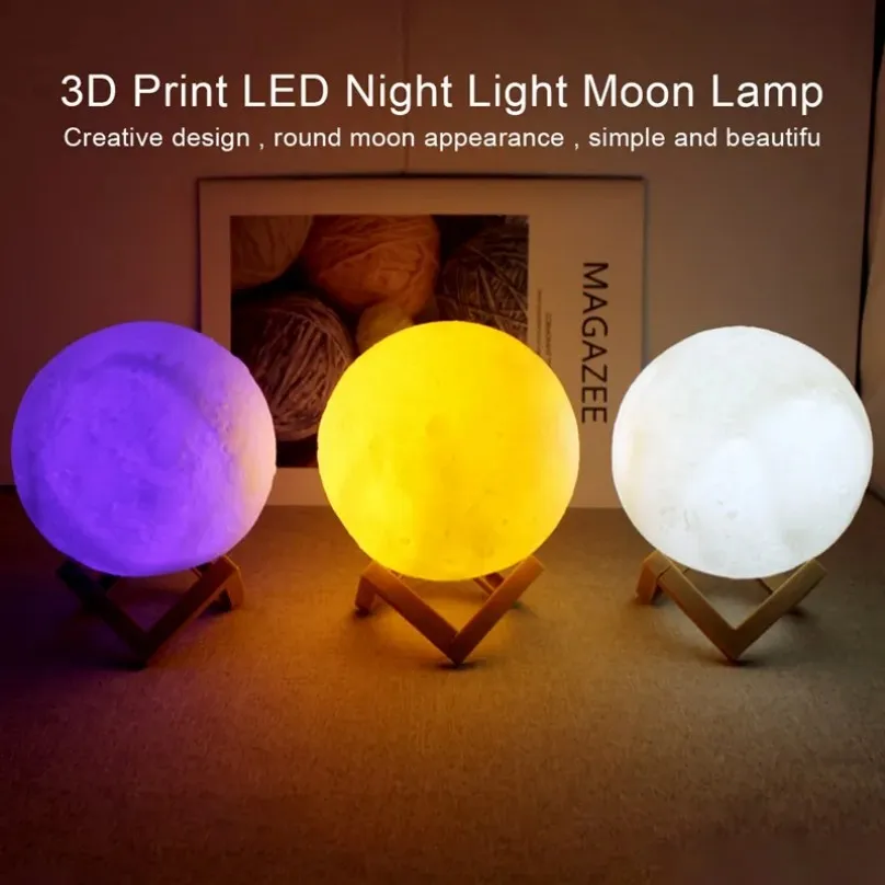 Moon Lamp Night Light 3D Print Moonlight Timeable USB Fjärrkontroll LED Dimbar laddningsbar sängbordsbord Lampdropp