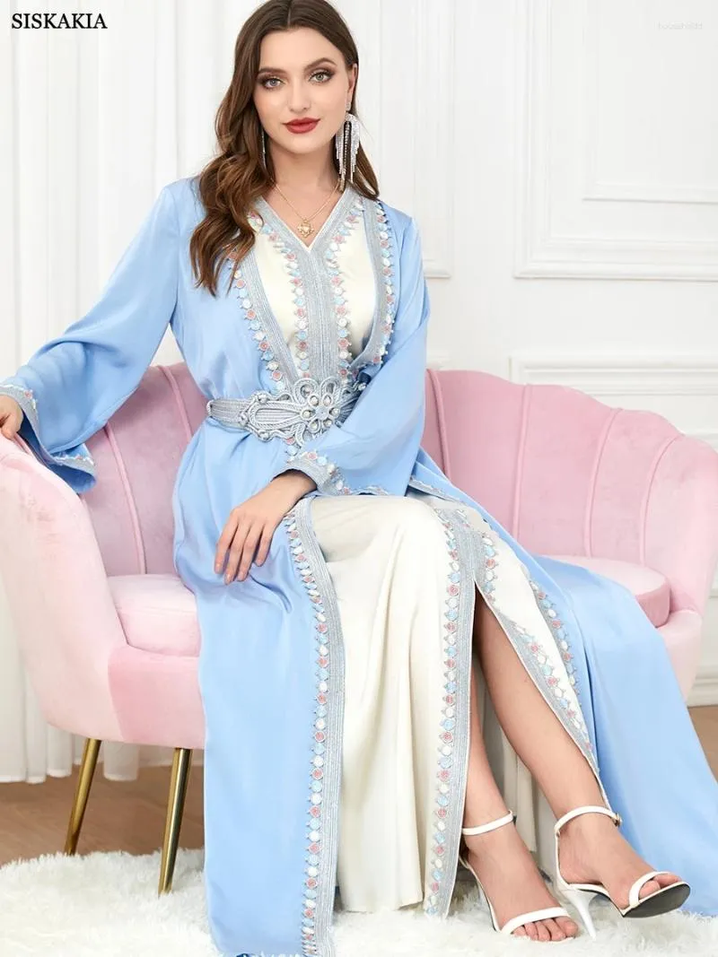 Elegant Moroccan Kaftan Dress Set Women's Muslim Floral Embroidery Abaya,  Guipure Lace, Belted Islamic Clothing Eid Mubarak