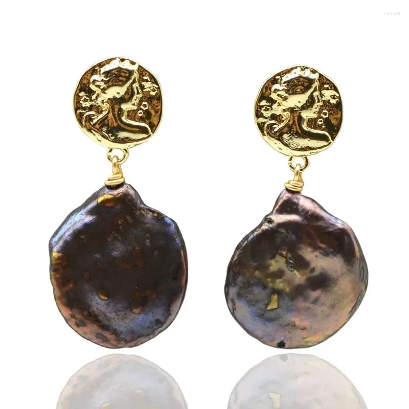 Dangle Earrings Black Baroque Pearl Drop Disc Shape Natural Pendant Gold Coin Fashion Women's