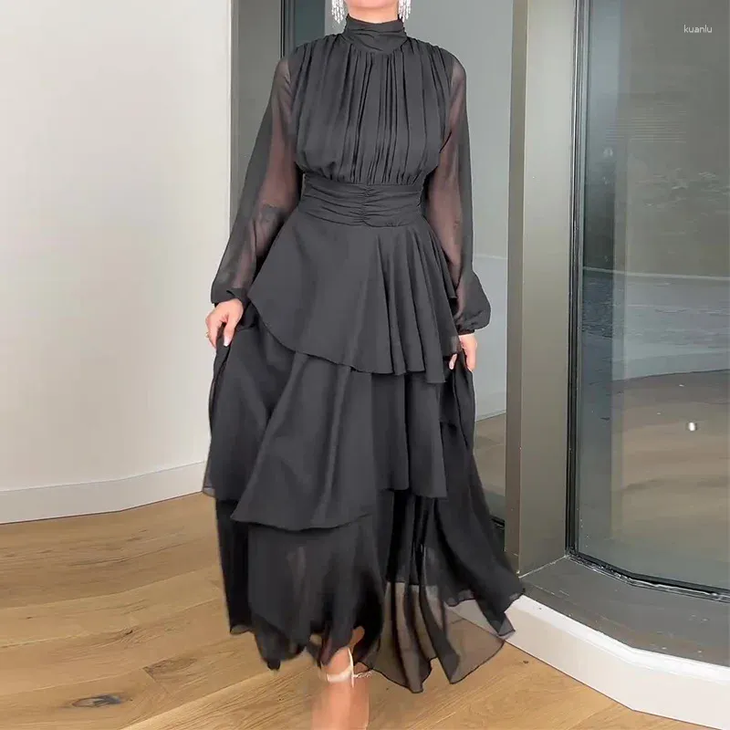 Sıradan Elbiseler 2024 Cekcya Vintage Elbise Zarif Kadınlar İçin Vintage Elbise Fransız Şık Siyah Uzun Parti Kadın Düz Renk Frocks