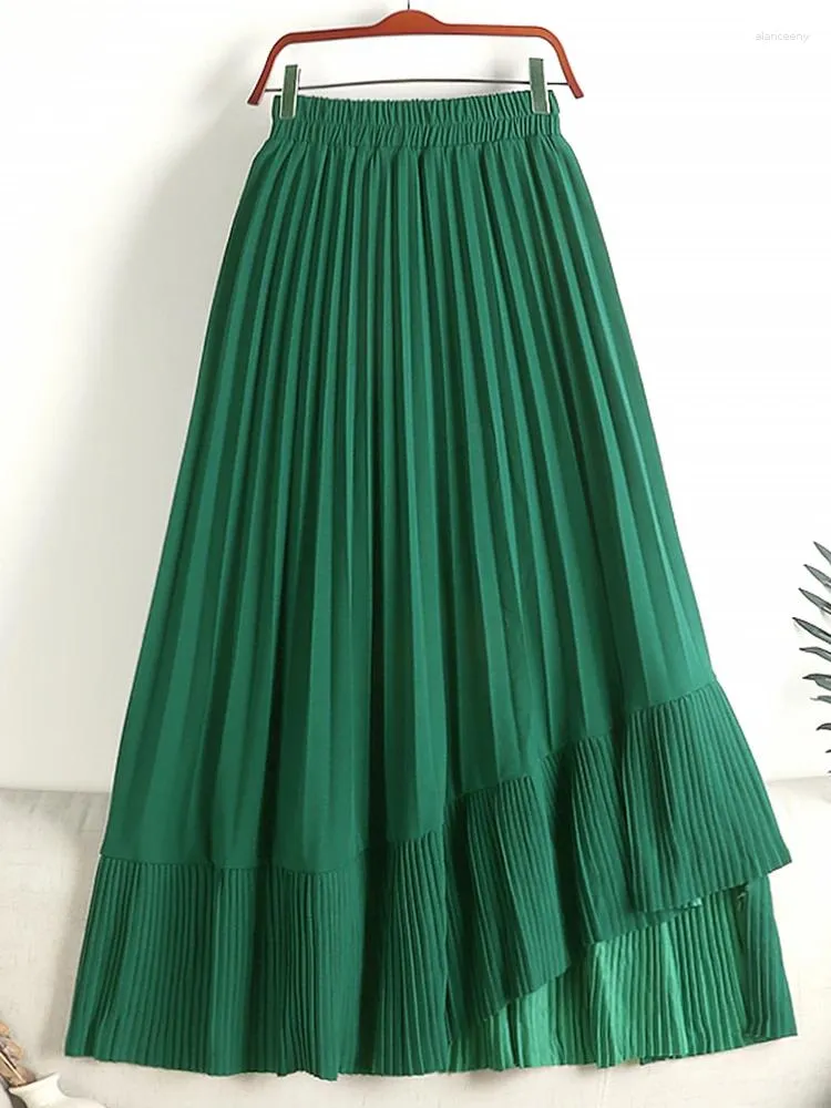 Skirts TIGENA Irregular Hem Pleated Long Skirt For Women 2024 Spring Summer Casual Solid A Line High Waist Maxi Female Green