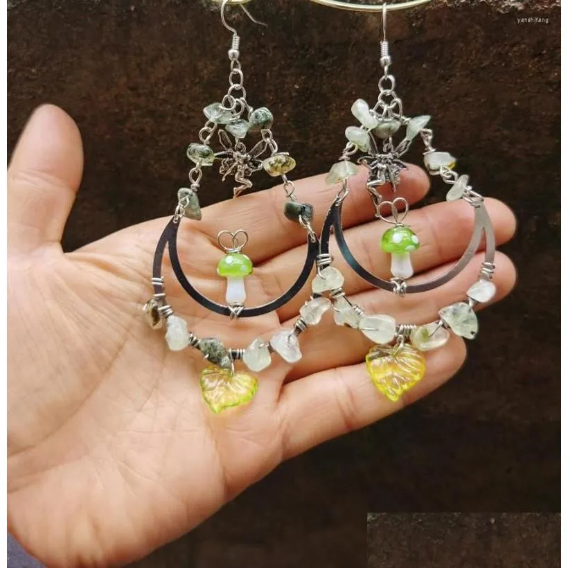 Boucles d'oreilles lustre pendantes champignon vert Olive magique debout sur la lune Prehnite Cottagecore bijoux sorcière Boho livraison directe Otw4C