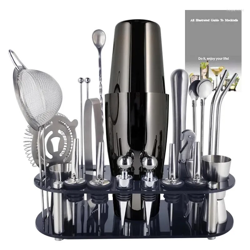 Produtos de bar 1-22 peças boston cocktail shaker ferramentas conjunto misturador de vinho kit de ferramentas bartender pourer jigger muddler com suporte