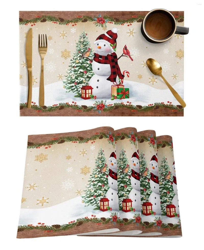 Tapetes de mesa 4/6 peças, boneco de neve de natal, floco de neve, robin, cozinha, decoração de jantar, casa, tigela, copo