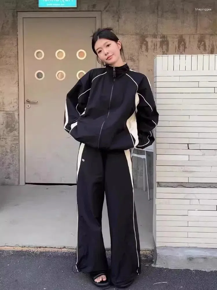 Y2K Gorpcore Women's Outfit: Black Patchwork Jacket & Pants Set