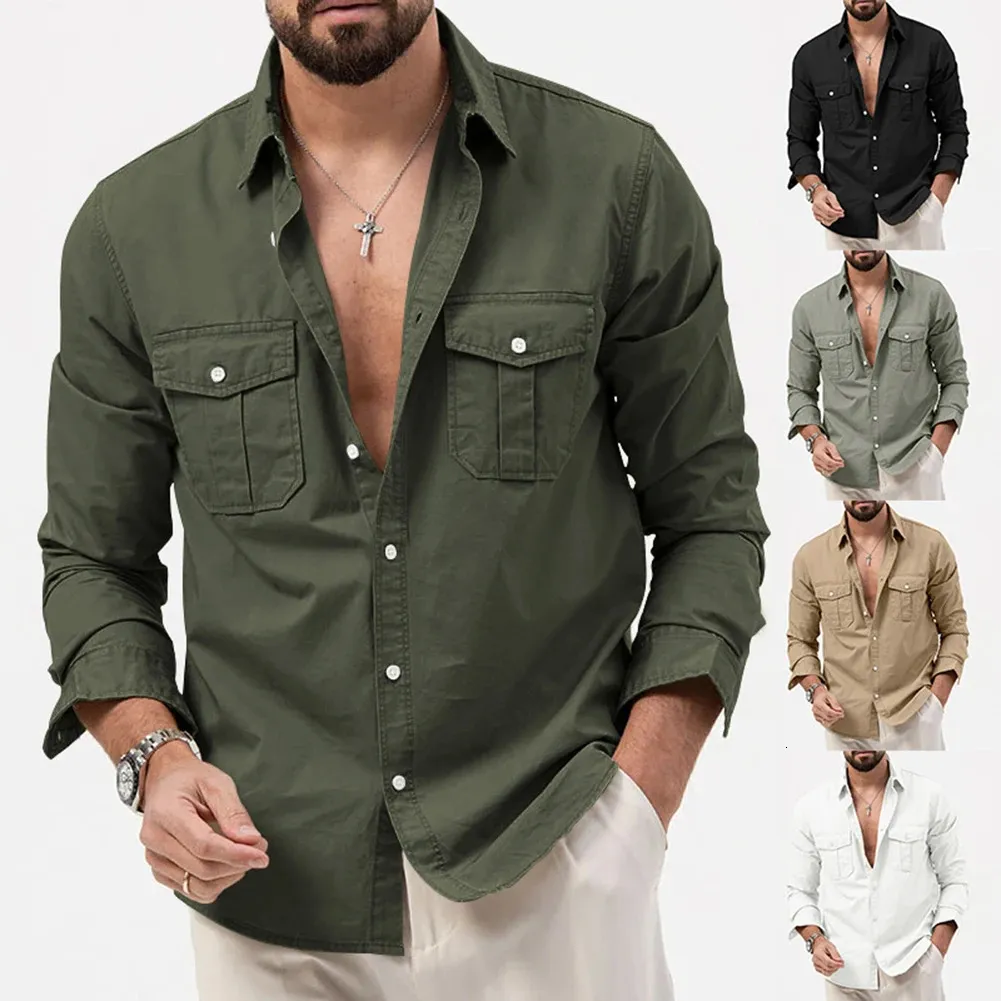 Camicia casual con bottoni da uomo di moda Stile Safari Manica lunga Colletto con bavero Camicie cargo Giacca Capispalla Abbigliamento da lavoro Cappotto Top 240118