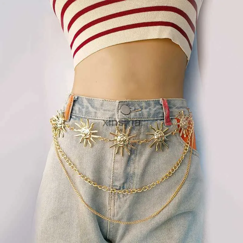 Other Jewelry Sets Renya Big Sun Pendant Punk Belt Chain Three Layered Waist Chain for Women Girls Hip Hop Rock Personality Cool Body Jewelry Gift YQ240204