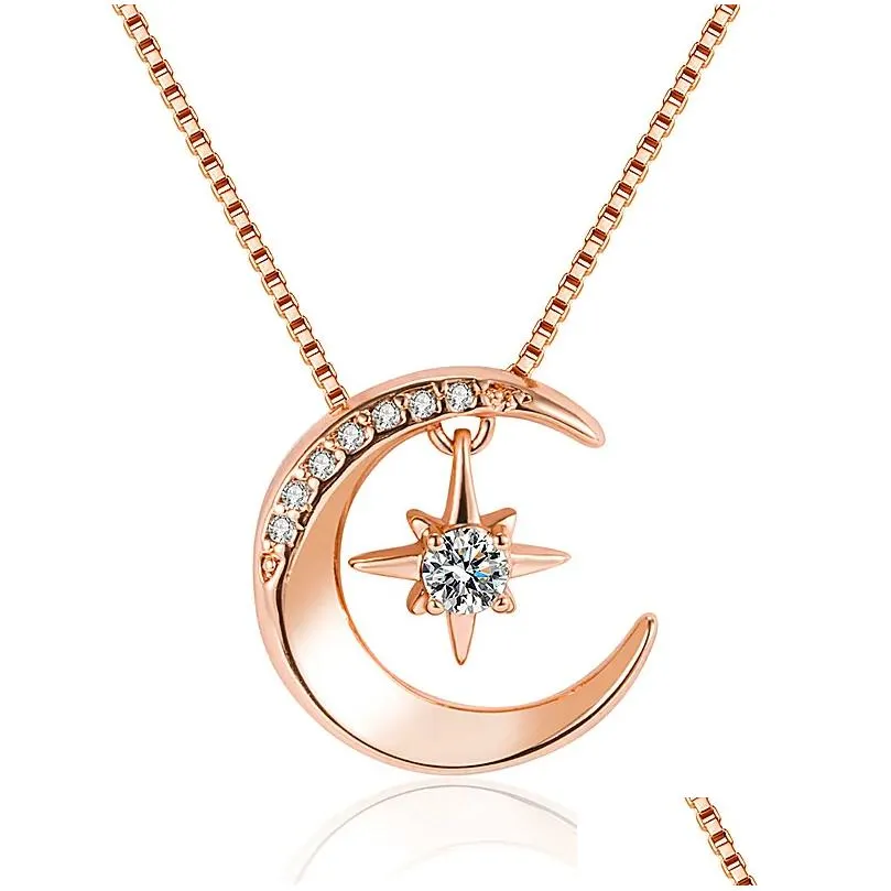 Pendentif Colliers Gold Sier Colliers Fashion Light of Stars et Moon Charm Collier Délicat Clavicule Strass Chaîne pour Drop Deliv Dh4Gj