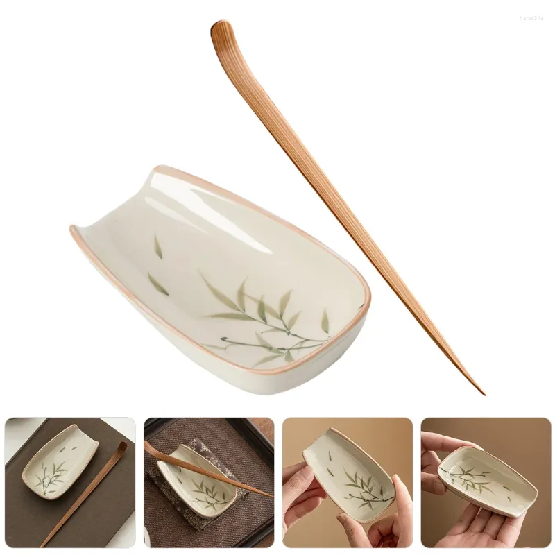 Ensemble de cuillères à thé en céramique, cuillères, tasse de distribution, ustensiles, support de rangement, accessoires pour feuilles de bois