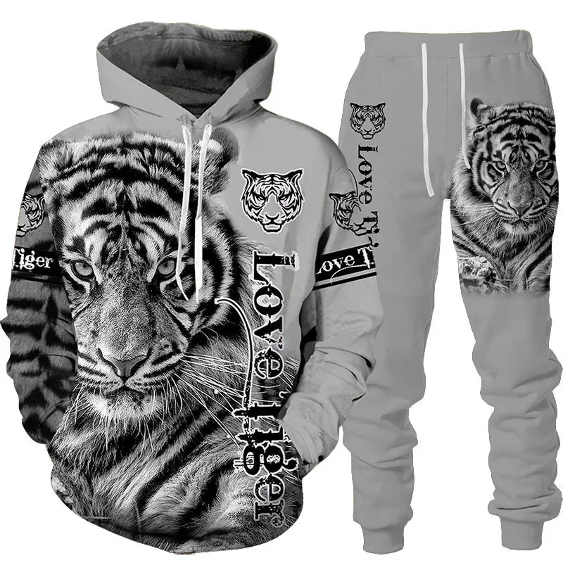 Animal 3d Tiger Baskılı Hoodie Pantolon Takım Serin Erkekler/Kadınlar 2 PCS Sportwear Demir Seti Sonbahar ve Kış Erkek Giysileri 240202