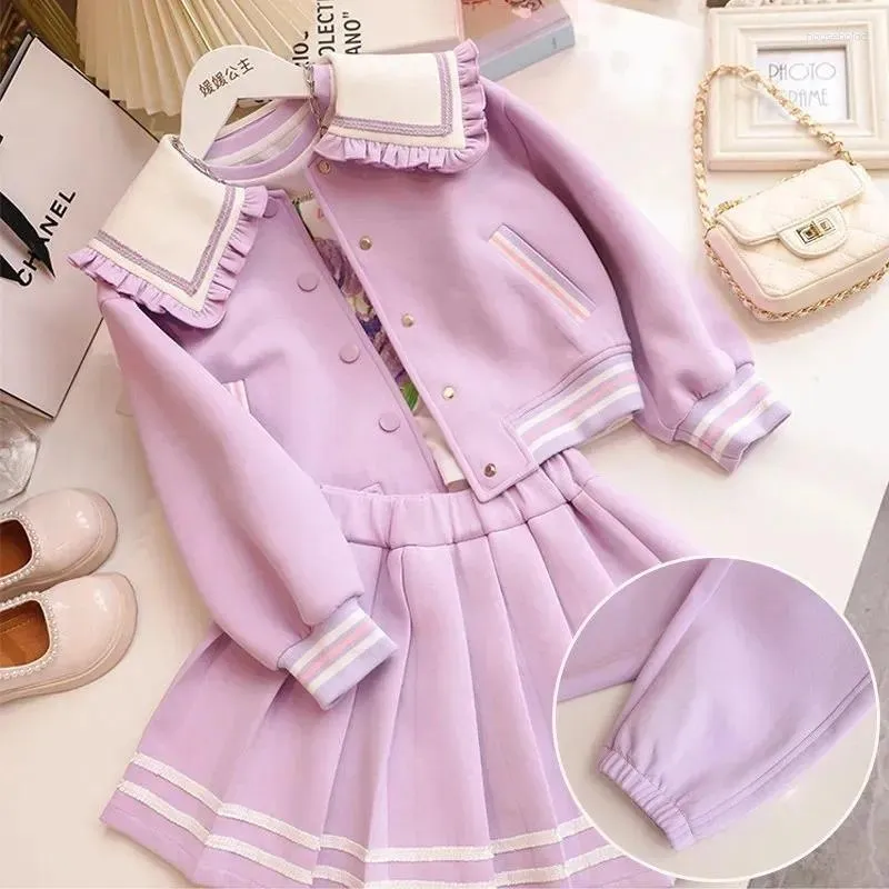 Clothing Sets Girls JK Skirt Suit Clothes Autumn Children's Cute Cartoon Lapel Collar Jacket Pleated / Pants 2 PCS Japanese Student