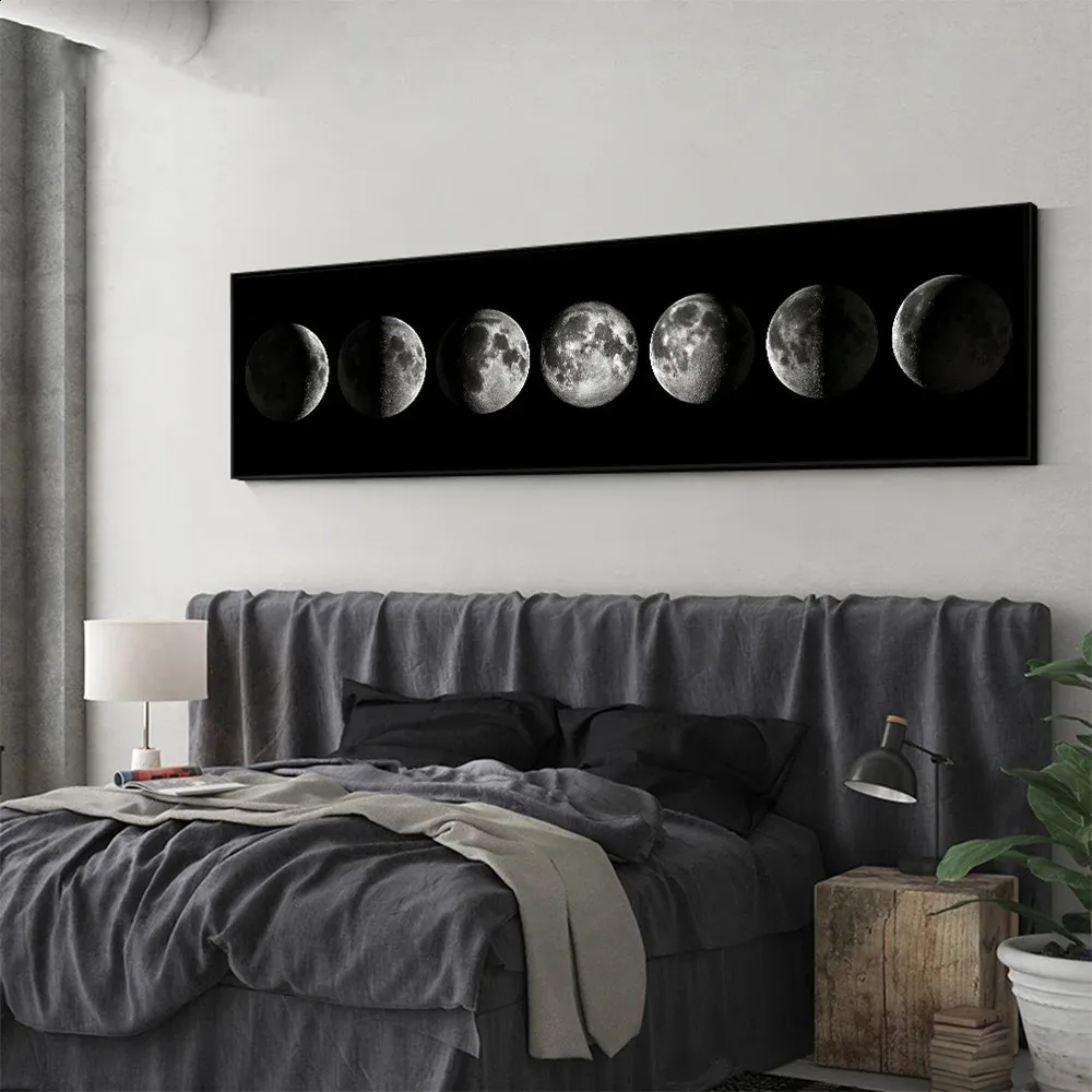 Wandkunst, Mondphase, Schwarz-Weiß, Poster, ästhetische Leinwand-Kunstdrucke, abstrakte Malerei, Wandbild für Wohnzimmer, Heimdekoration, 240129