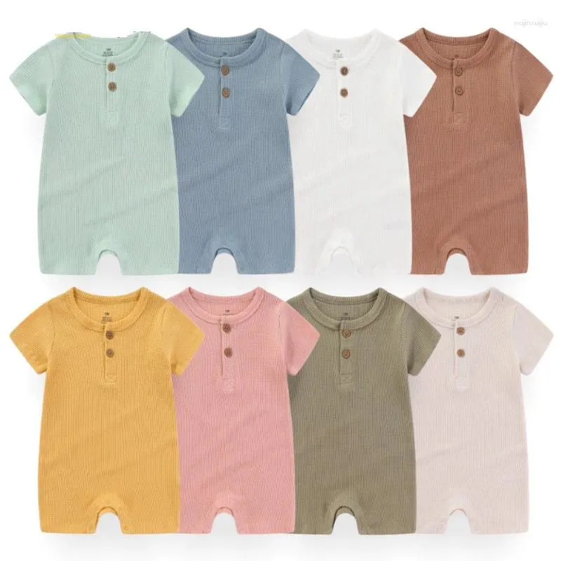 Rompers Summer Kids Bodysuit Kort ärm Pure Color Baby Rompersnitted Babbies med Button For Girl and Boy 1-2 år gammal