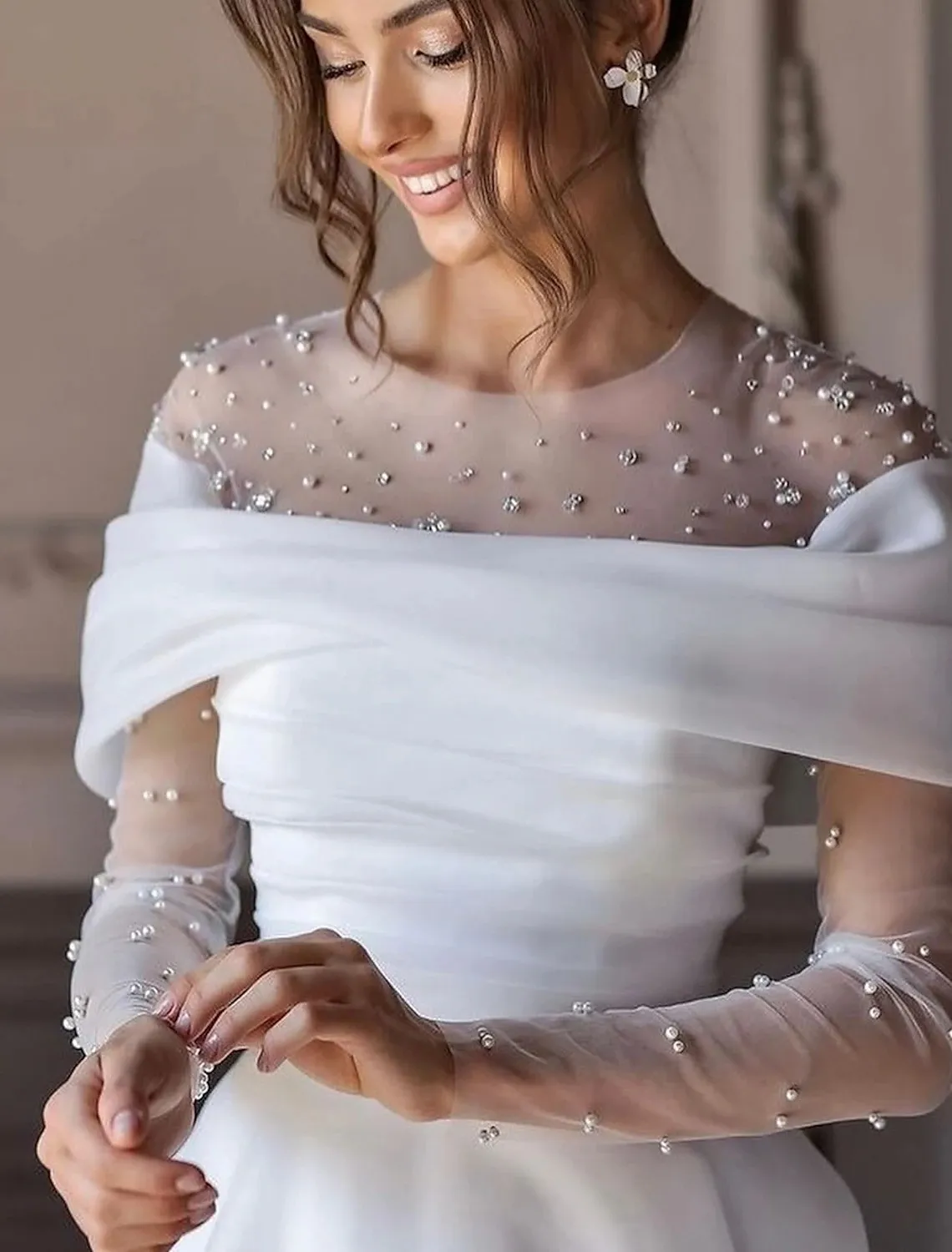 wedding dress with sheer back and pearls The 16 Best Wedding Dresses With Pearl Details