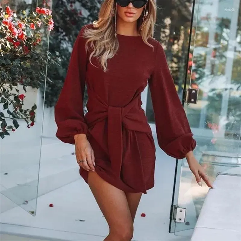 Casual Dresses 2024 Autumn Winter Womens Plain Dress Long Lantern Sleeve O-Neck Tie Waist Sweater Fashion Ladies Solid Mini