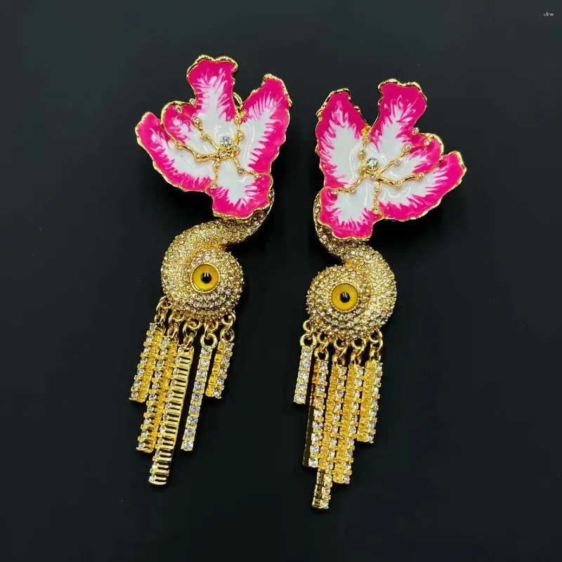 Stud Earrings Qingdao Vintage Ornament Enamel Pink Flower Eyes Tassel Exaggerated Diamond Cute