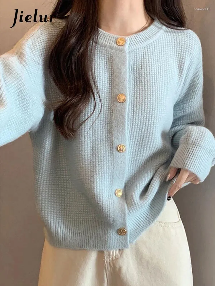 Women's Knits Jielur Light Blue Sweet Soft Sweater Knitting Female Cardigan Basic Simple O-neck Office Ladies Fashion Slim Women