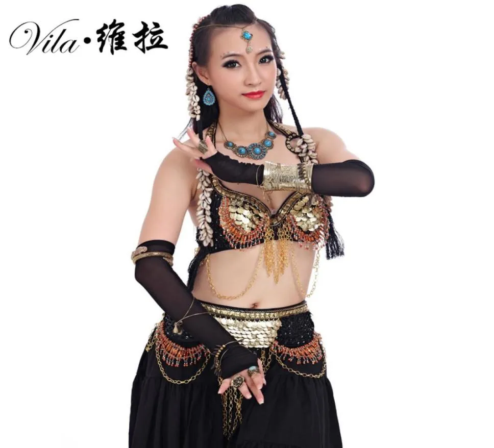 Donne Tribal Belly Dance Wear 2 Pezzi Set di abiti Bronzo antico Perline Reggiseno Cintura Gonne Costumi di danza zingara1940225