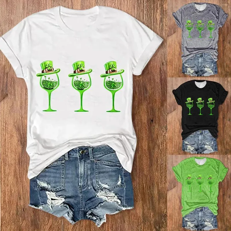 Women's T Shirts Casual Short Sleeved Round Neck And Green Wine Glass Printed Top Shirt