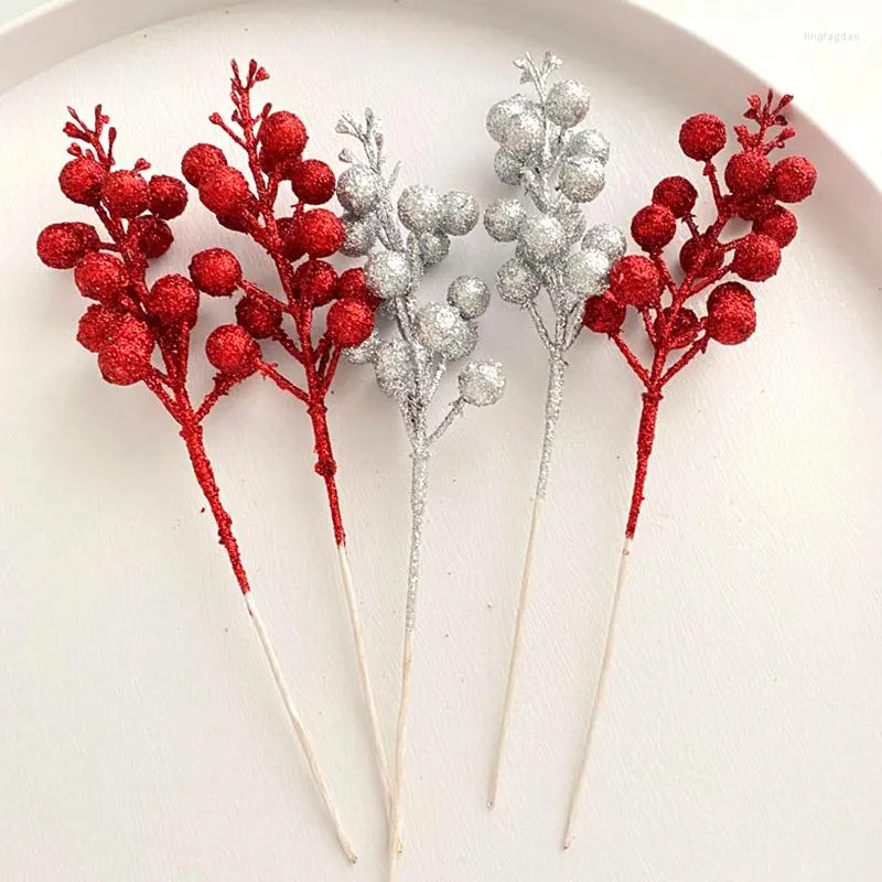 Fleurs décoratives 5pcs 22cm baies de paillettes artificielles branches de baies rouges pour l'artisanat de couronne d'arbre de Noël ornements de maison festivals