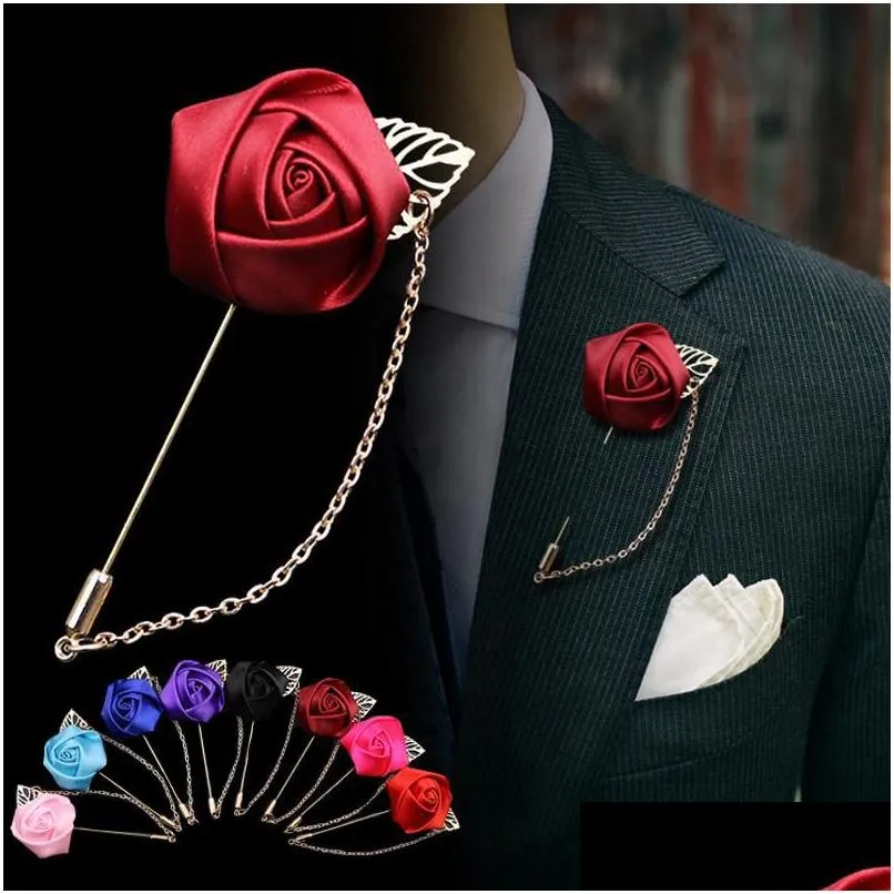 Stift, broscher män rose blommor gyllene blad mode brosch stift kostym lapel ny herr bröllop boutonniere broscher smycken droppleverans dhofx