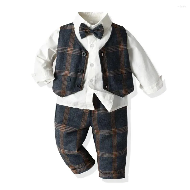 Kledingsets Lente Peuter Jongens Geruite kleding Baby Formeel Feestkostuum Vest Shirt Broek 3-delig Baby Kinderen Herfst Bovenkleding Set 1-7 jaar