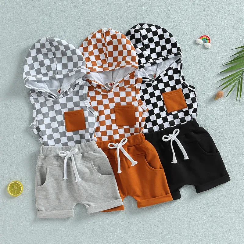 0421 Lioraitiin 03Years Baby Boy 2pcs Summer Outfits Checkerboard Print Mouwloze hoodie T -shirt Stretch shorts Set 240131