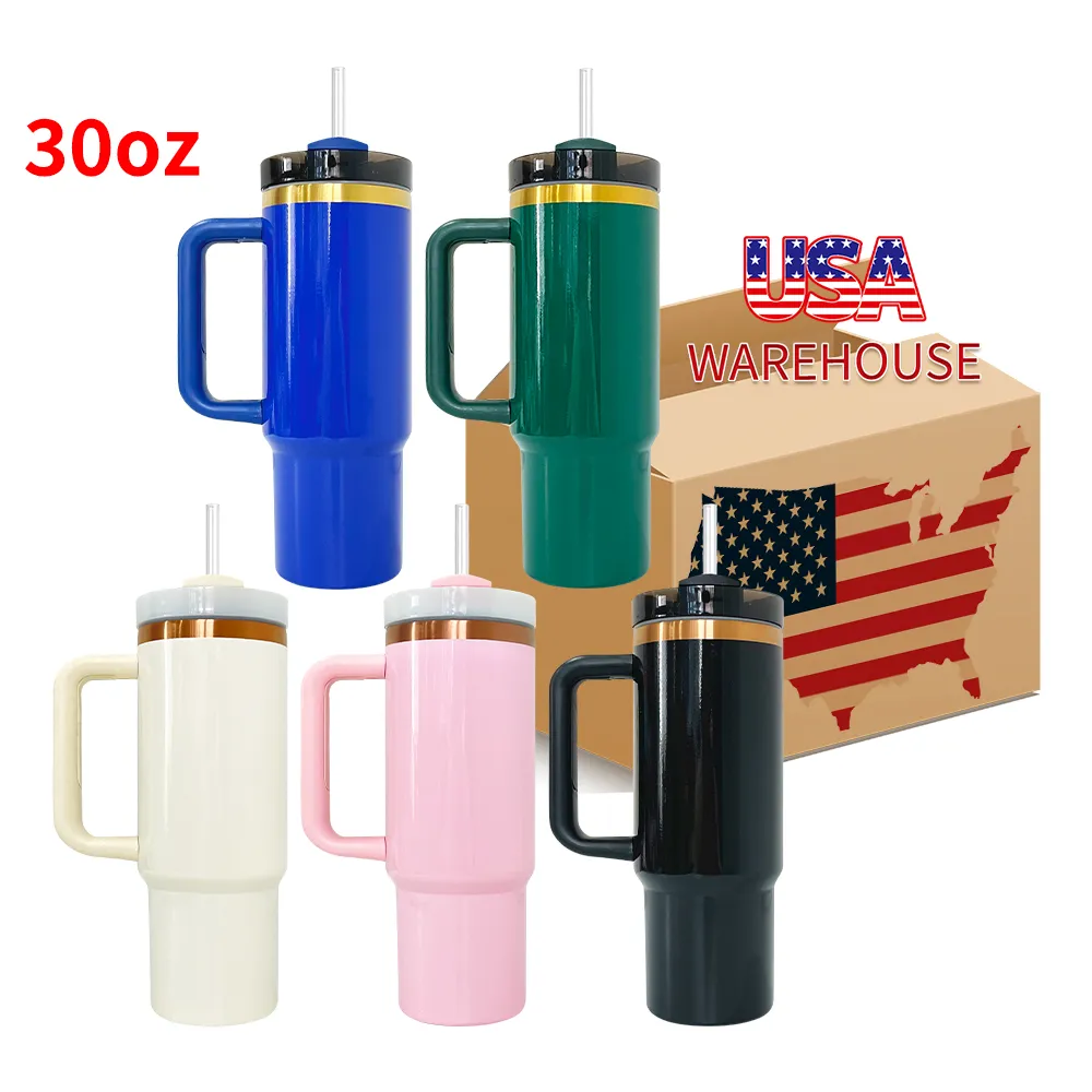 Entrepôt américain couleur mixte 30oz cuivre plaqué or brillant gobelets à boire sports de plein air bouteille d'eau thermos isolée sous vide avec paille pour gravures laser