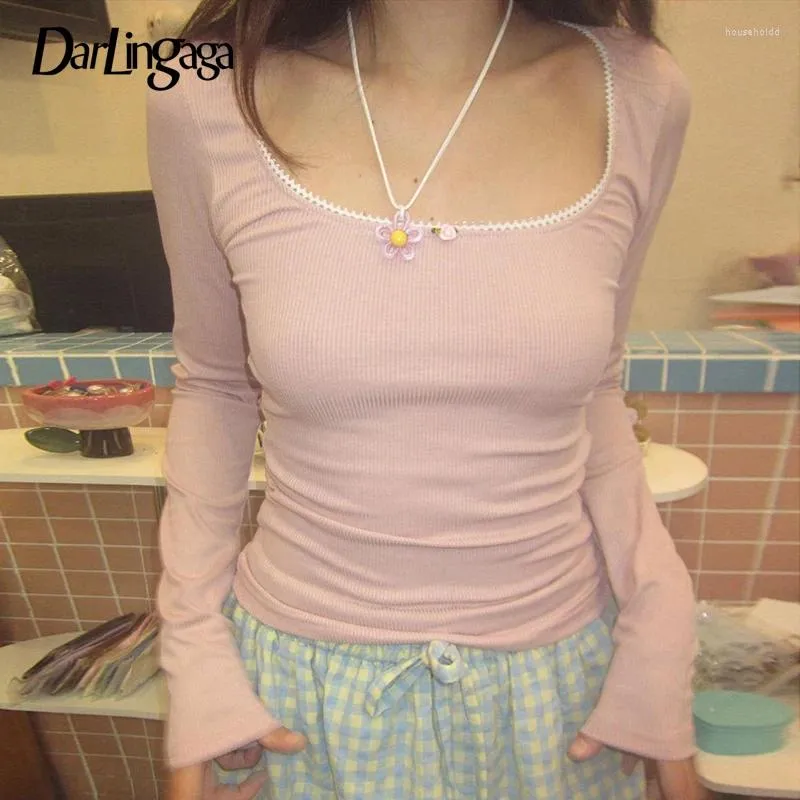 Mulheres Camisetas Darlingaga Cutecore Rosa Doce Mulheres Tee Lace Trim Slim Coreano Coquette Roupas Top Primavera Auutmn T-shirt Kawaii Pulôver