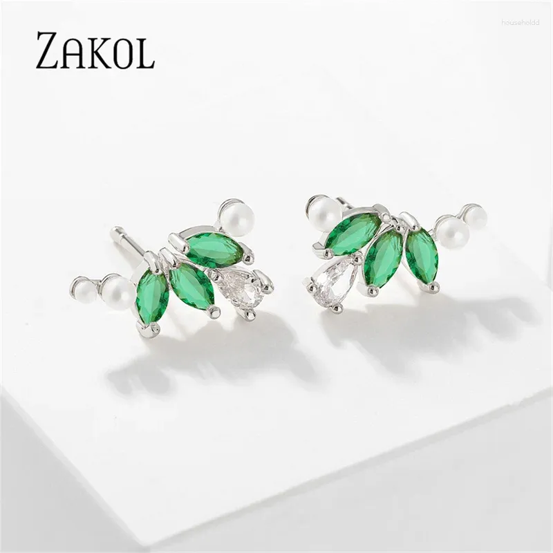 Stud Earrings ZAKOL Korean Style Cute Green Zircon Leaf For Women Girls Fashion Pearls Students Party Accessories