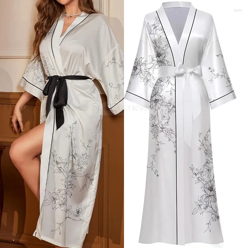 Dames nachtkleding Dames lang gewaad Nachtjapon Lente zomer Satijnen nachthemd Print Bloem Halve mouw Kimono Badjas Jurk Los huiskleding