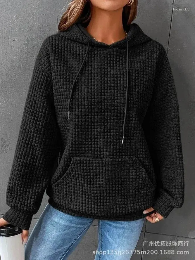 Женские толстовки, осень 2024, однотонный повседневный свободный свитер с капюшоном и длинными рукавами, лоскутный вафельный свитер для женщин