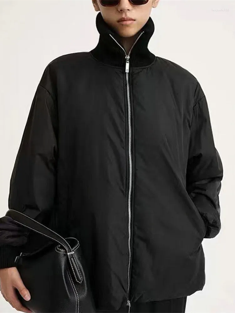 Trench-coat noir à col roulé pour femme, veste à fermeture éclair, ample, manches longues, automne hiver, manteau épais Simple et chaud, 2024