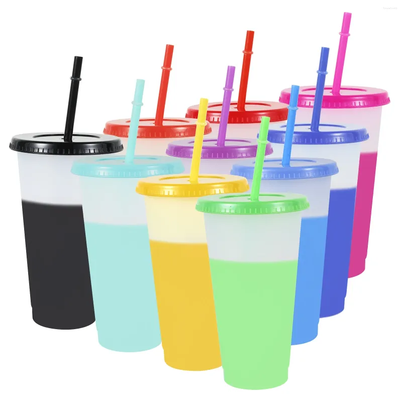 Copos descartáveis ​​Palhas 10pcs cor mudando plástico de qualidade alimentar tumbler com tampa 710ml grande capacidade copo bebendo frio moda água