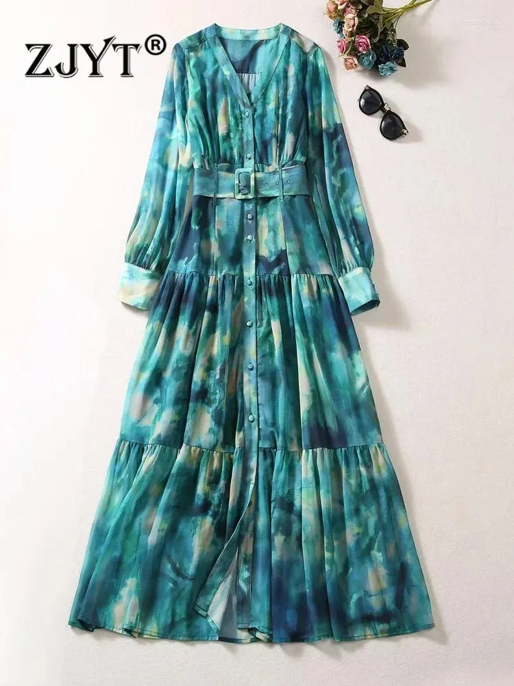 Sukienki swobodne ZJYT Autumn Print Maxi dla kobiet 2024 eleganckie vestidos largos de Mujer zielony wakacyjny szatę femmes 2pcs