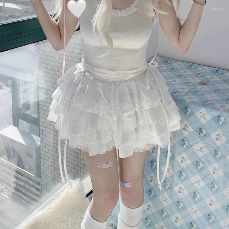 Jupes Deeptown Kawaii Lolita Jupe Femmes Blanc Taille Élastique A-ligne Dentelle Patchwork Up Style Japonais Cutecore Mini Été