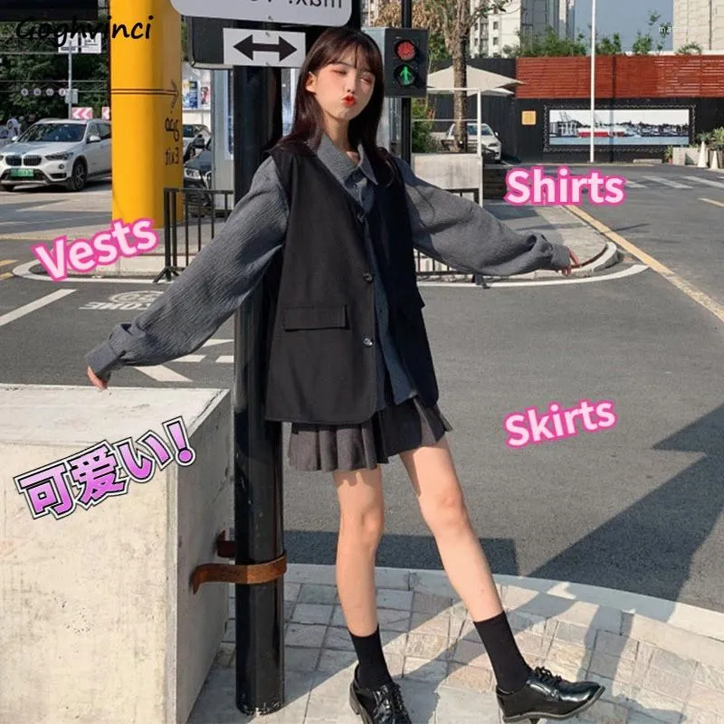 Werk Jurken 3 Delige Sets Vrouwen Harajuku Koreaanse Prevalent Baggy Shirts Vintage Vesten Hipster Geplooide Mini Rokken Weelderige Damesmode