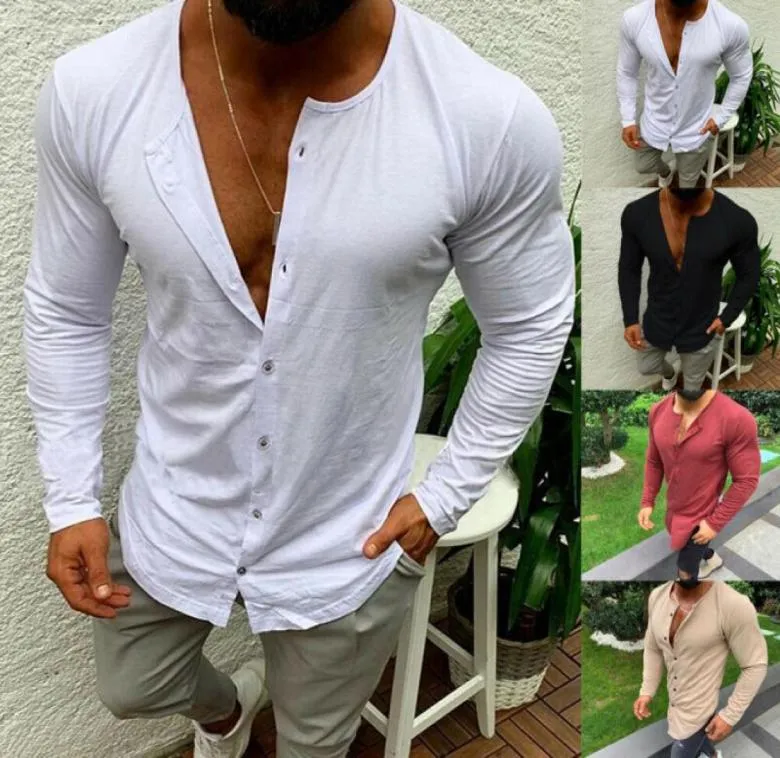 Casual Fashion Men039s Slim Fit Button V Neck Langarm Muskel Basic T -Shirt Solid Color T -Shirt Casual Tops6191376
