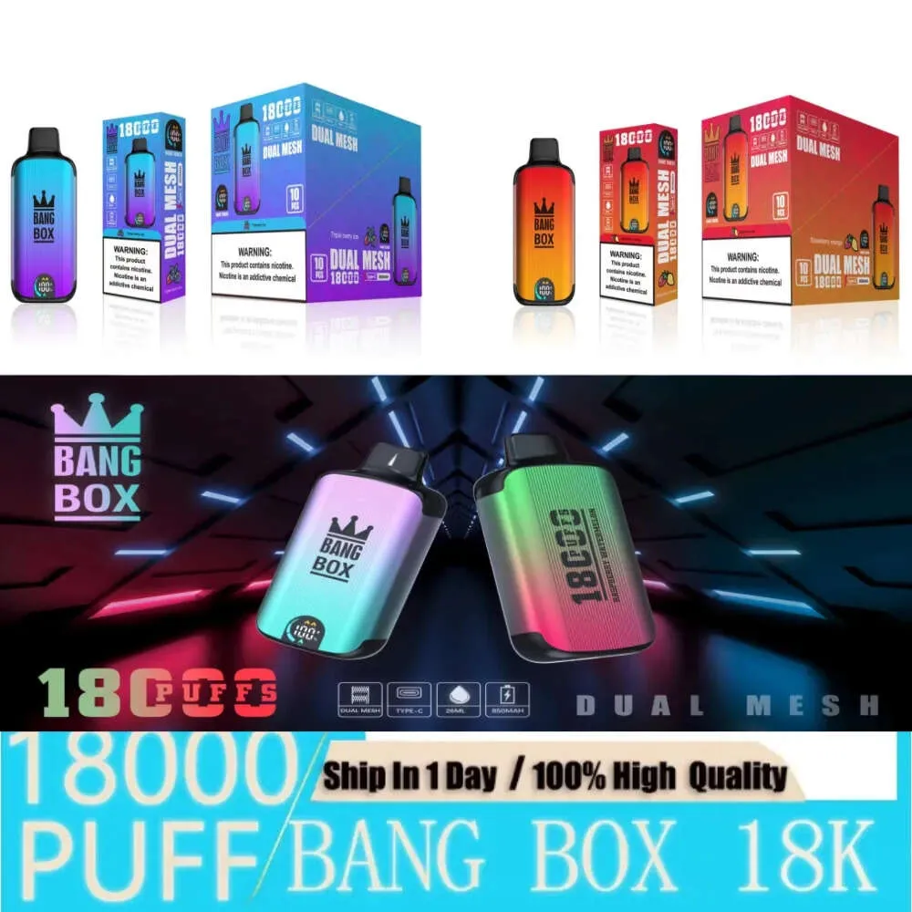 뱅 박스 퍼프 18000 e 담배 키트 엘프 박스 18K 퍼프 일회용 vape 펜 메쉬 코일 충전 가능한 850mAh 배터리 증기 0% 2% 3% 5%