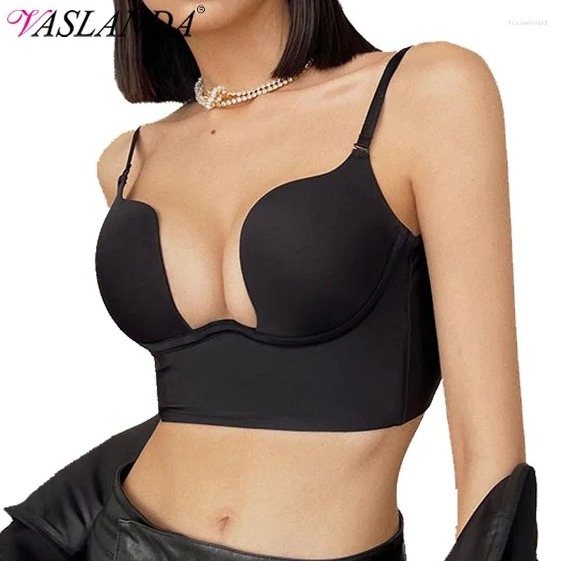 Reggiseni Reggiseno push up Senza schienale Donna Taglio basso Reggiseno sexy con scollo profondo Cinghie trasparenti Intimo da sposa Lingerie invisibile senza cuciture a U profonda