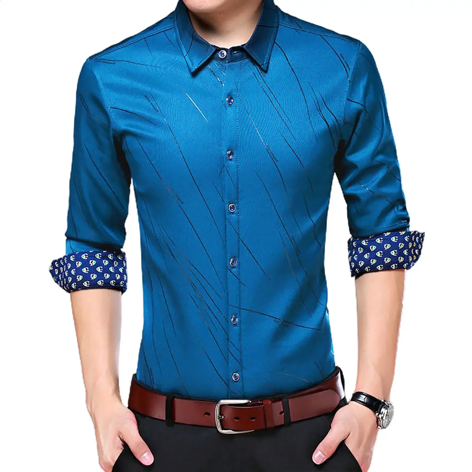 Mode affaires chemise à carreaux hommes à manches longues col rabattu lettres rayures boutons imprimés petit haut chemises décontractées petite taille 240122