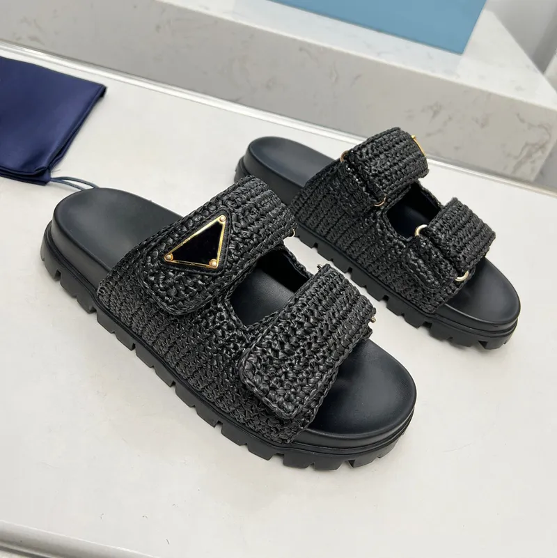 Damen Designer Slide Häkchen Keile rutschen schwarze gewebte Plattform Sandalen Stroh Slipper Sommer Zwei Gurte Flat Comfort Mule Beach Pool