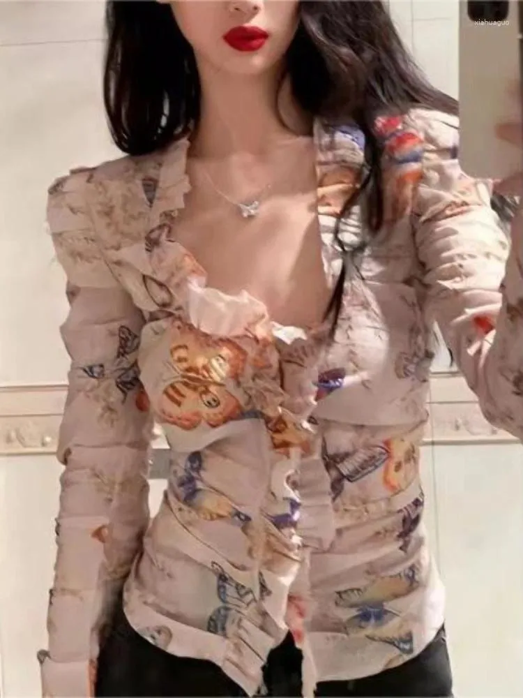 Chemisier Femme Automne Mode Élégant Fée Papillon Imprimé Chemises Vintage Slim Doux Y2k Blusas Col en V Harajuku Manches Longues Chemisier Femmes