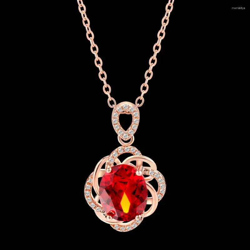 Hänge halsband Flower Red Oval Cubic Zirconia Pendants for Women Rose Gold Color Wedding Crystal Chain On Neck smycken N615