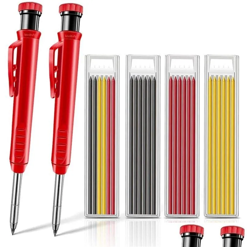 Pennor Partihandel Solid Carpenter Pencil Set med 6 påfyllningsledningar Inbyggda skarpare Markeringsverktyg Träbearbetning Deep Hole Mechanical Penci Dhqiw