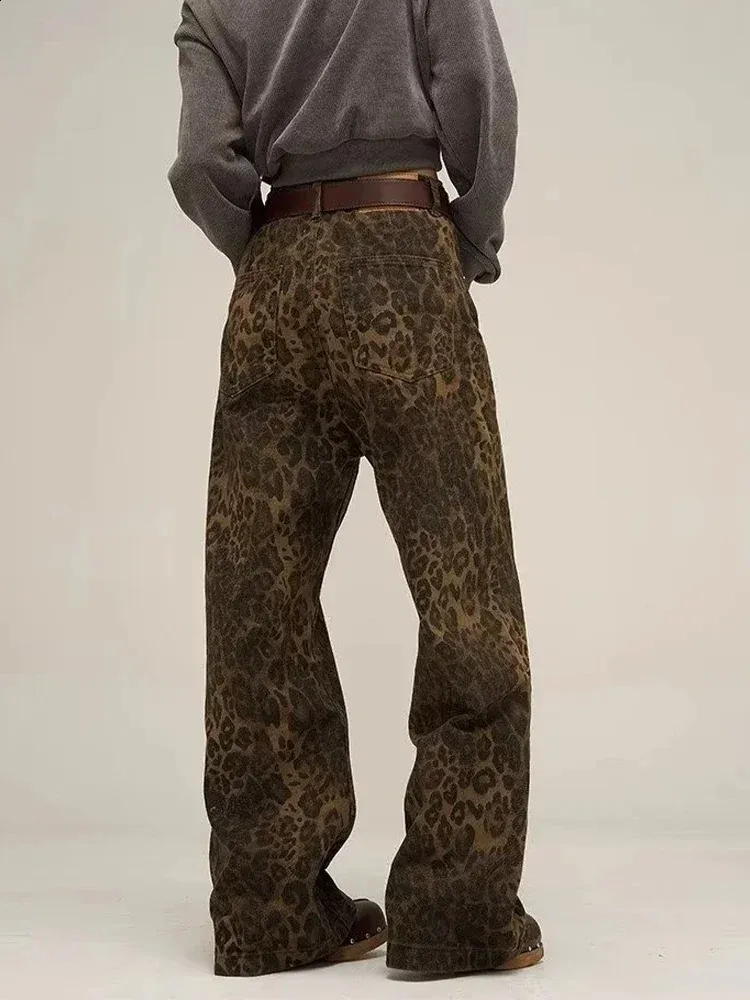 Houzhou Tan Leopard Dżinsy kobiety dżinsowe spodnie kobiety dużego szerokiego nogi spodnie uliczne Hip Hop vintage ubrania luźne 240119