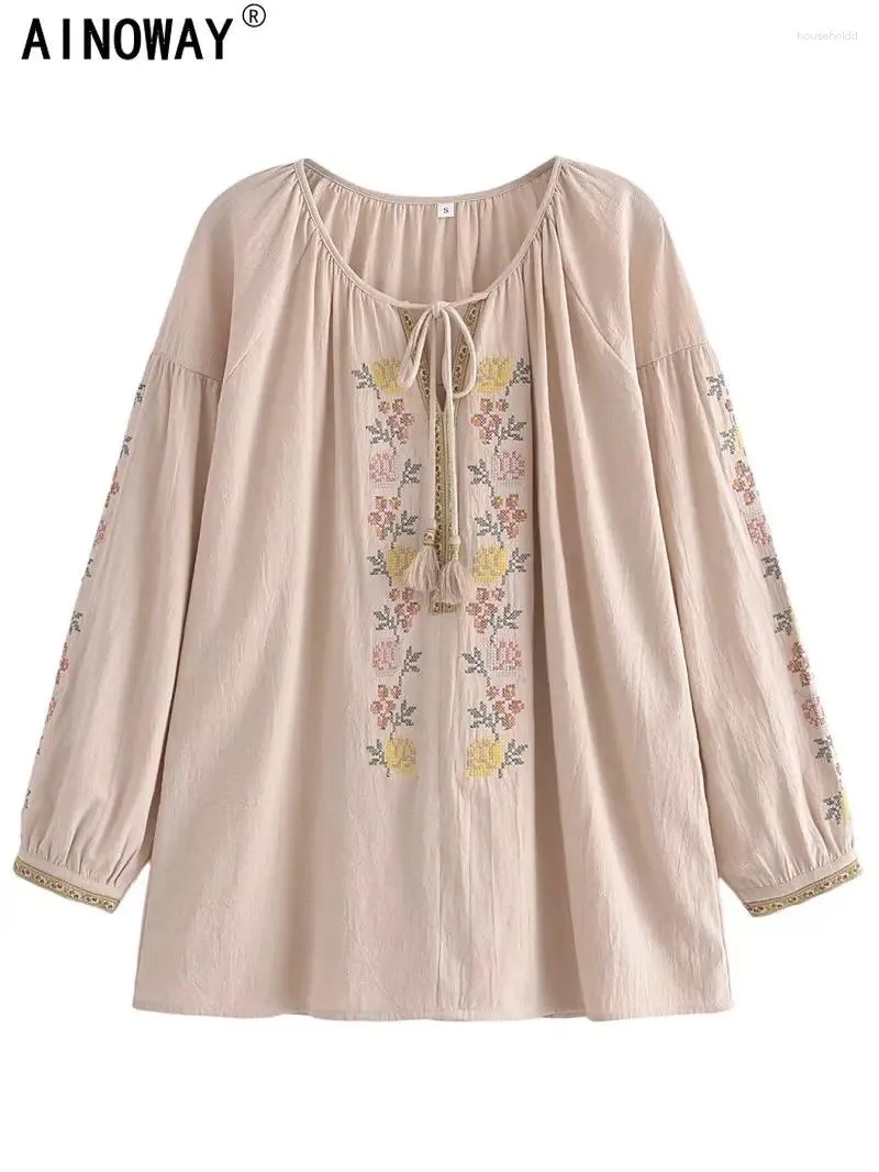 Damesblouses Vintage Mode Dames Kwastje Bloemenborduurwerk Linnen Katoen Strand Boheemse Blouse Shirts Tops Lange mouw Los Boho Shirt