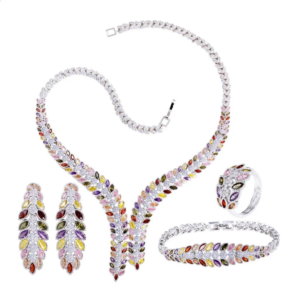 High End Gorgeous Colorful Cubic Zirconia Leaf Shape Big Wedding Party Necklace Bridal 4pcs Jewelry Sets for Women T0854 240202