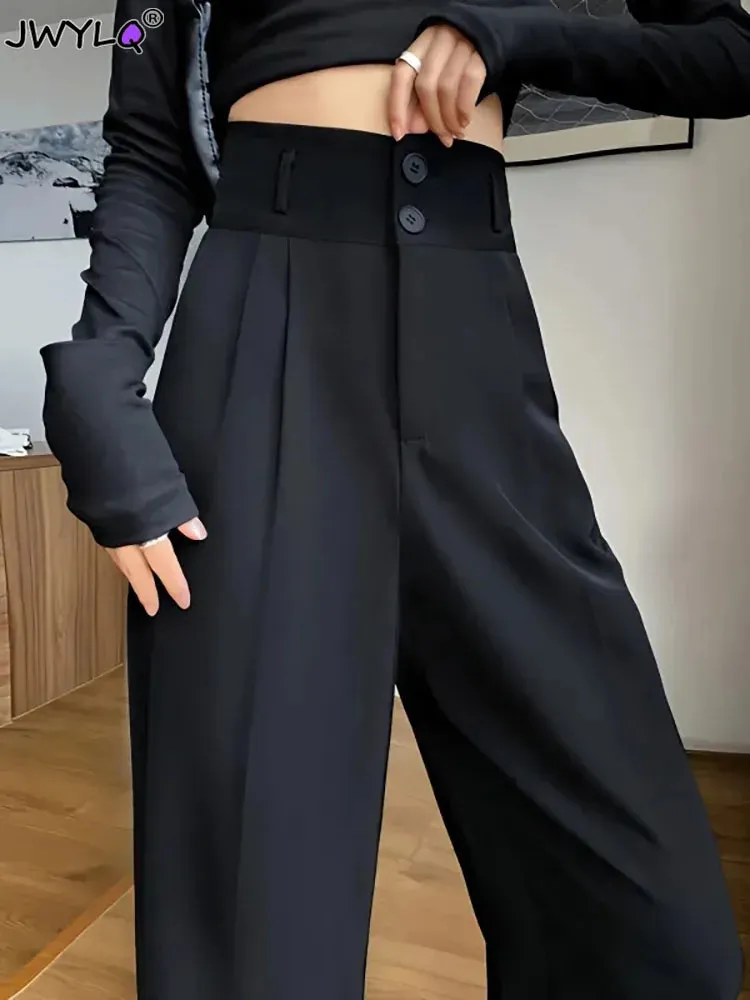 Black Suit Pants For Women Korean Fashion 2 Buttons Wide Leg Trousers Vintage Streetwear High Waist Office Ladies Work 240202