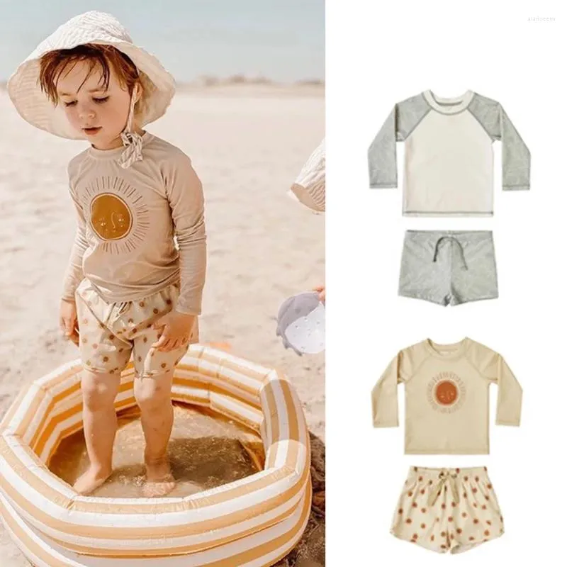 Conjuntos de roupas Maiô infantil Verão Sun Print Meninas de manga comprida terno meninos shorts de bebê